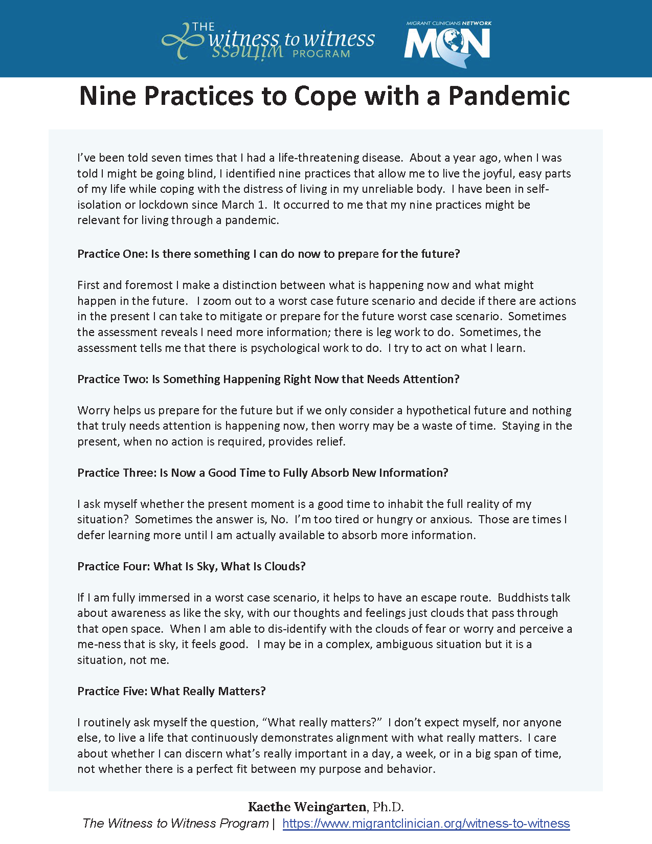 Nine Practices to Cope with a Pandemic