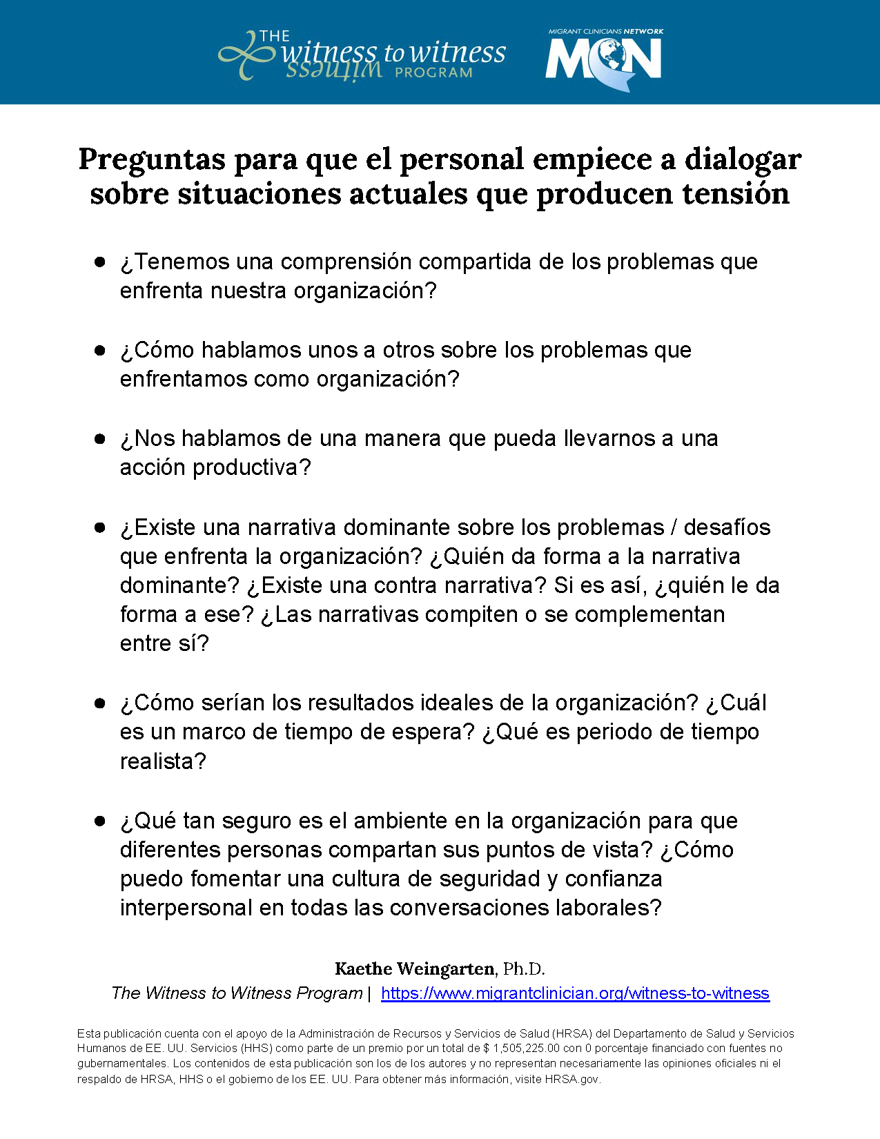 Preguntas para que el personal empiece a dialogar sobre situaciones actuales que producen tensión