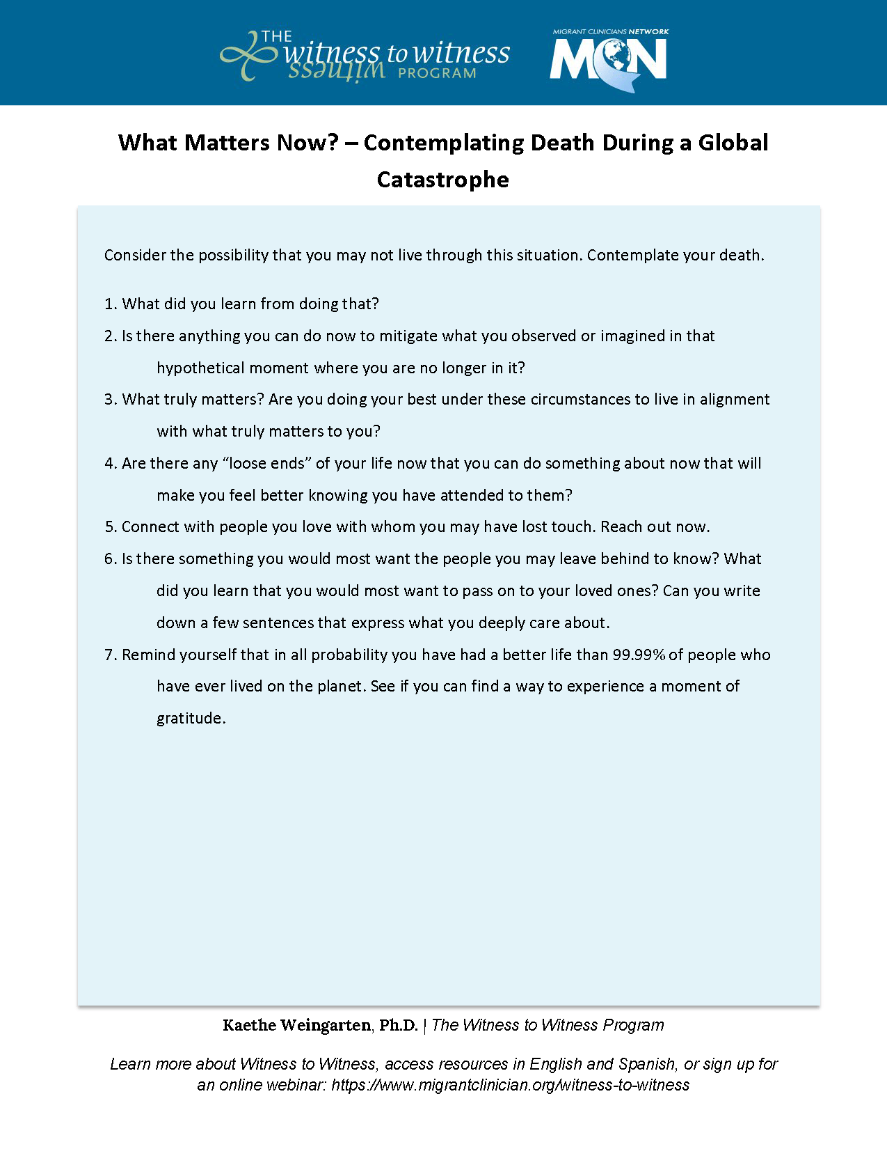 What Matters Now? – Contemplating Death During a Global Catastrophe