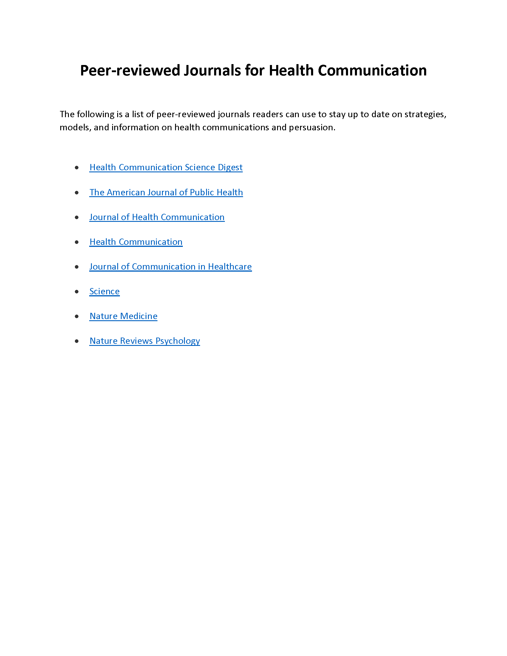 Peer-Reviewed Journals for Health Communication