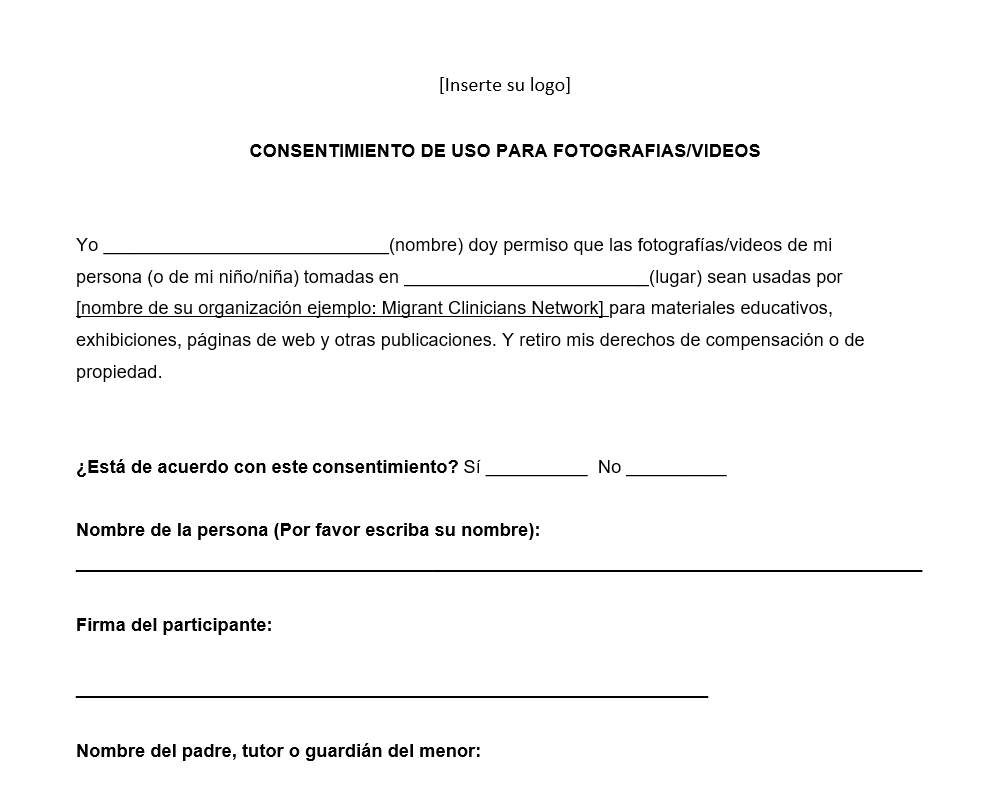 Consentimiento para fotografias and videos